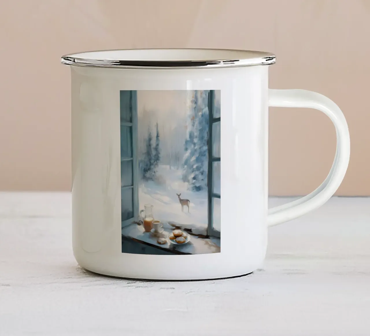 Mattina d'inverno con caffè, pasticcini e un cervo solitario tazza in smalto da Holiday Hearth Prints