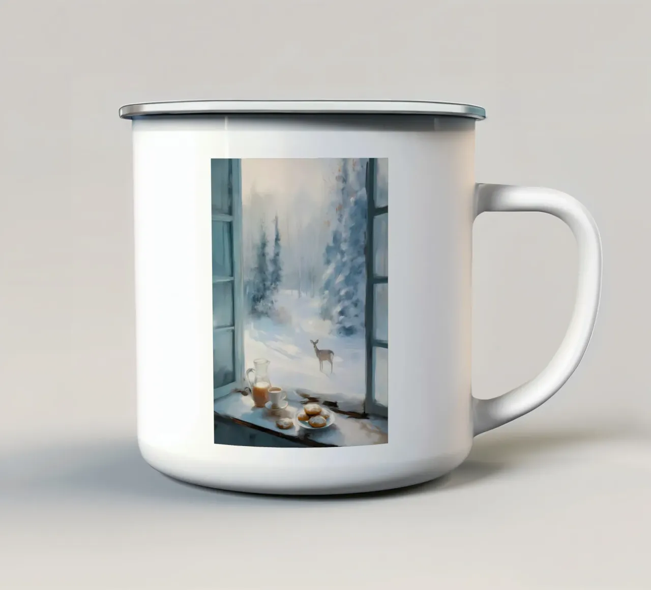 Mattina d'inverno con caffè, pasticcini e un cervo solitario tazza in smalto da Holiday Hearth Prints