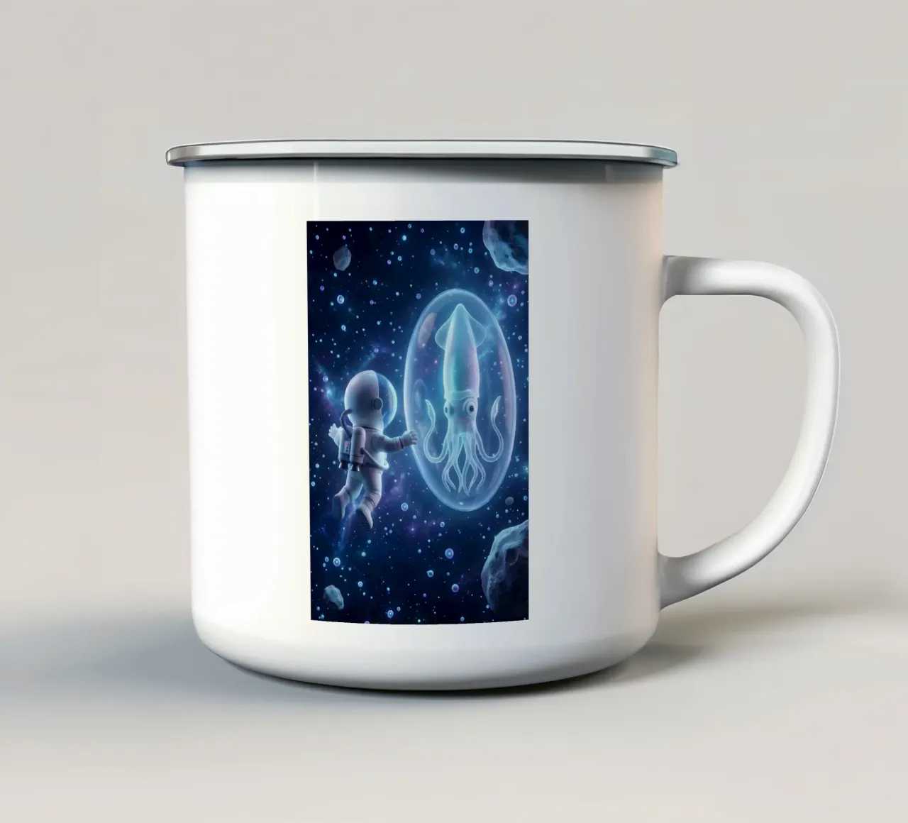 Un simpatico astronauta incontra un calamaro spaziale - Cartone animato cosmico tazza in smalto da Cosmic Reverie Studio
