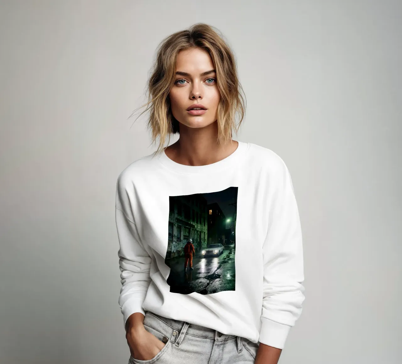 Astronauta in un vicolo piovoso alle prese con un'auto misteriosa felpa da Cosmic Reverie Studio