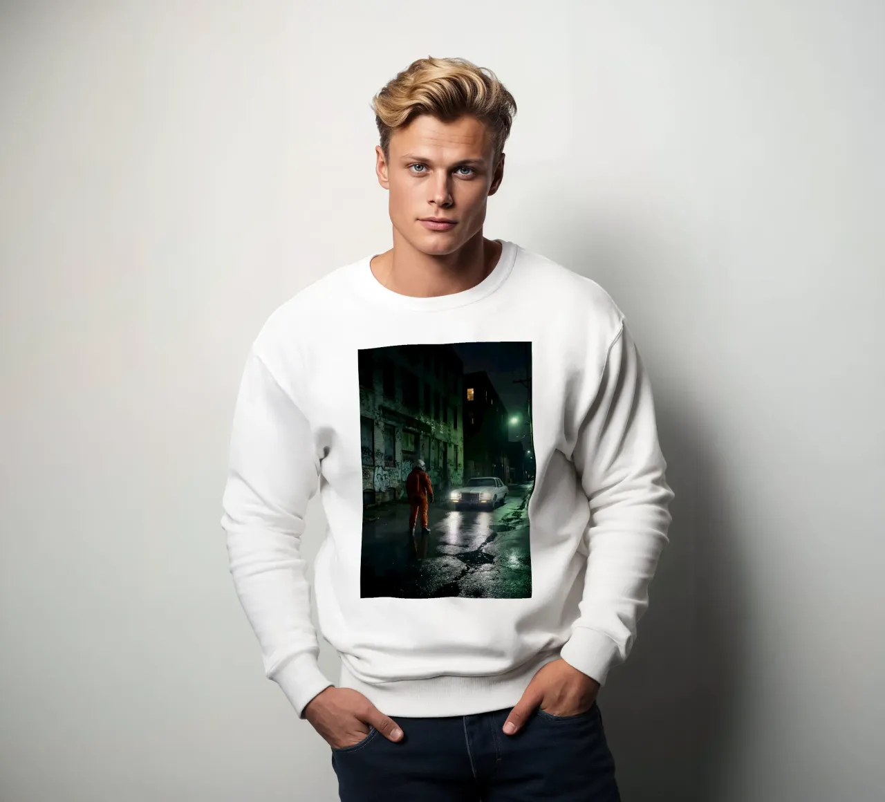 Astronauta in un vicolo piovoso alle prese con un'auto misteriosa felpa da Cosmic Reverie Studio