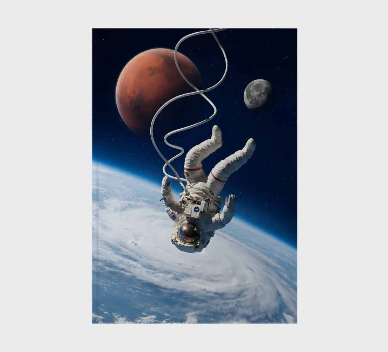 Floating Astronaut Above Earth with Mars and Moon notebook by Cosmic Reverie Studio