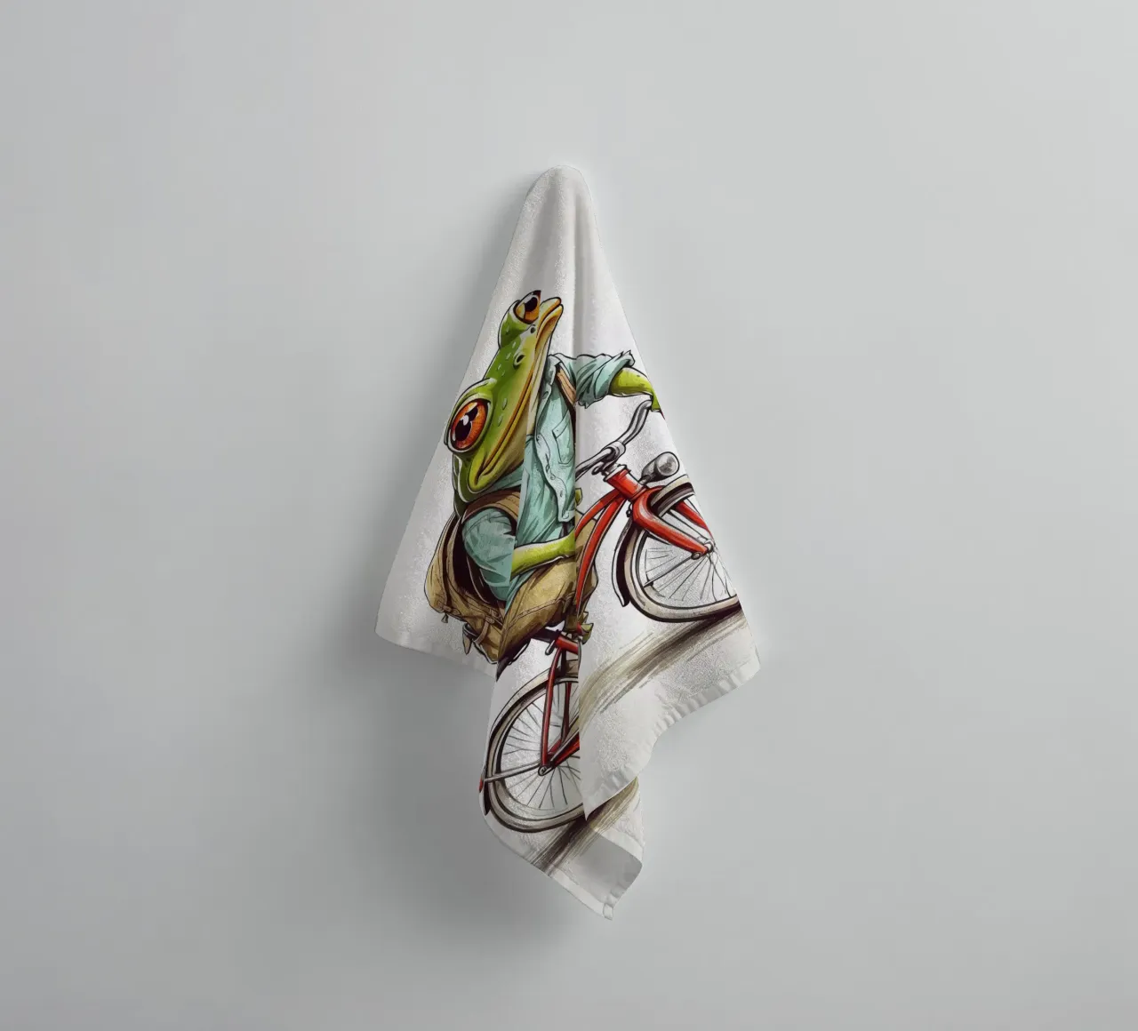 A frog on a bicycle towel by ARTVI-SHOP