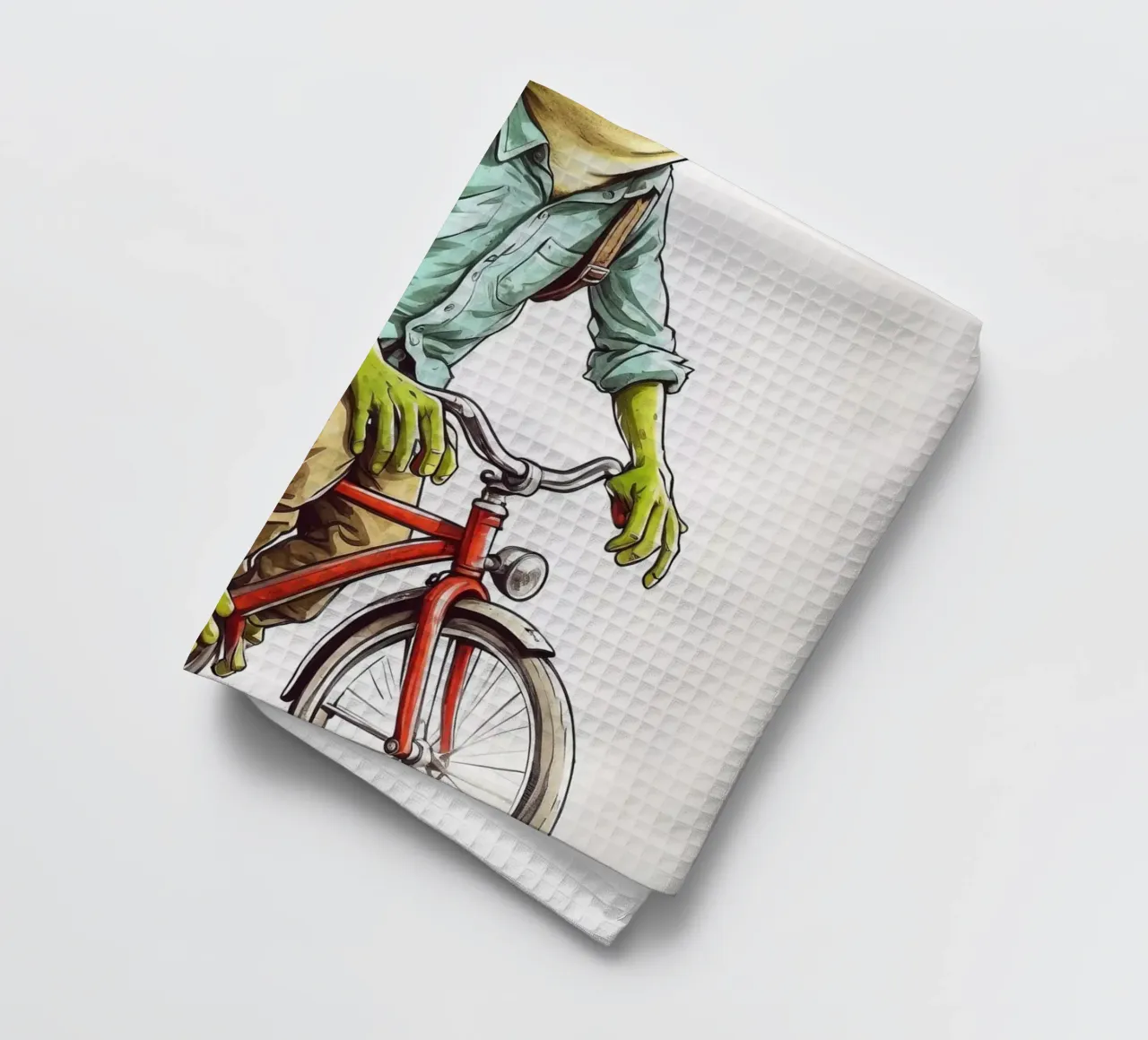 A frog on a bicycle tea towel by 🎁 ARTVI-SHOP