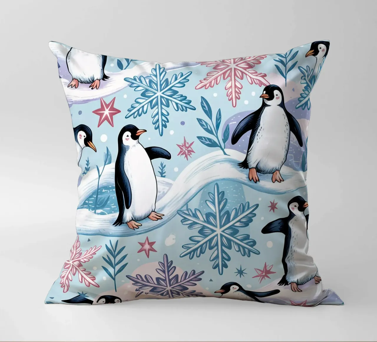 Simpatici pinguini e fiocchi di neve in un ambiente invernale cuscino da kidz&family