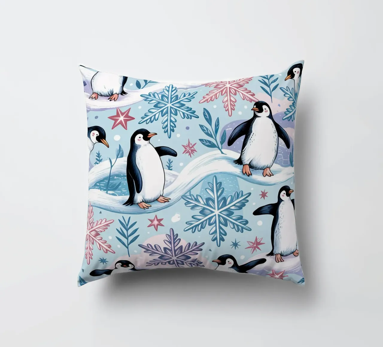 Simpatici pinguini e fiocchi di neve in un ambiente invernale cuscino da kidz&family