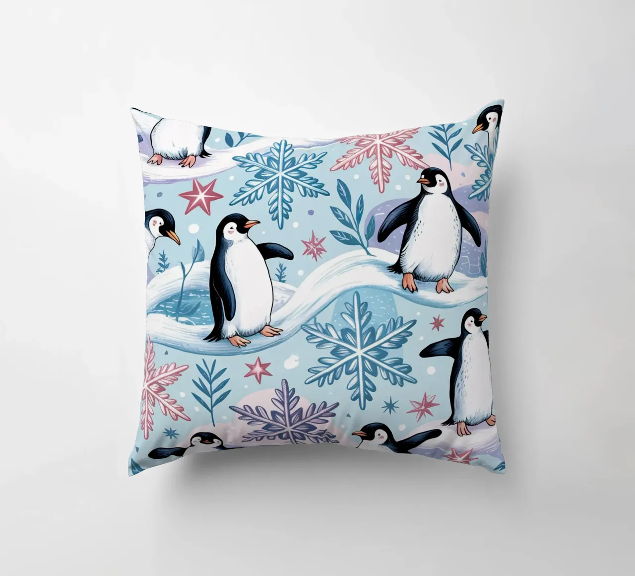 Simpatici pinguini e fiocchi di neve in un ambiente invernale cuscino da kidz&family
