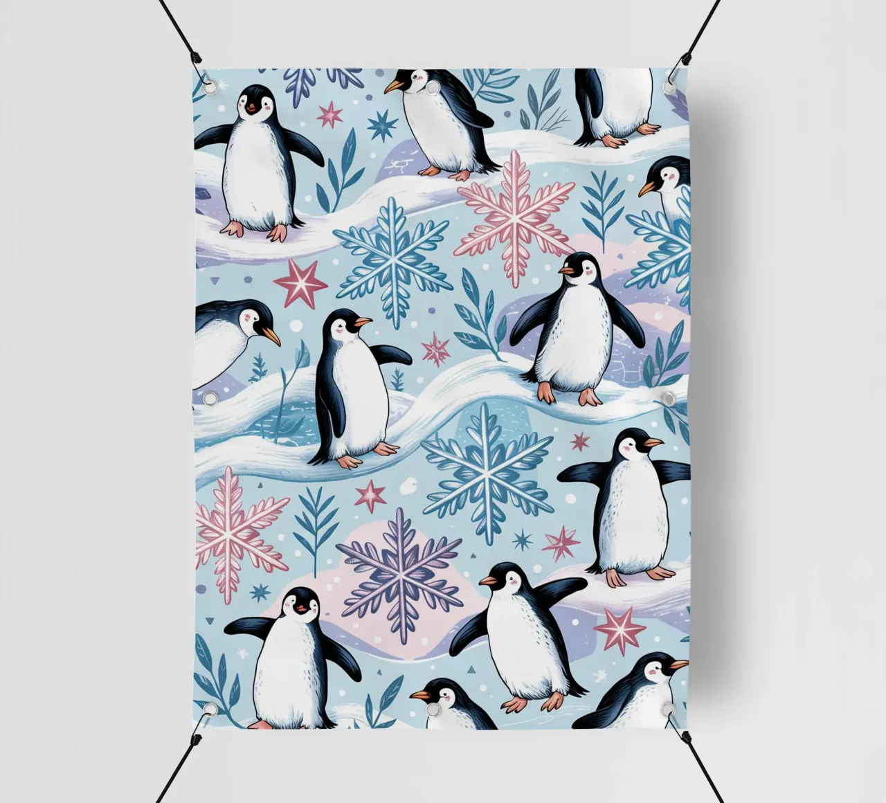 Simpatici pinguini e fiocchi di neve in un ambiente invernale telo in pvc da kidz&family