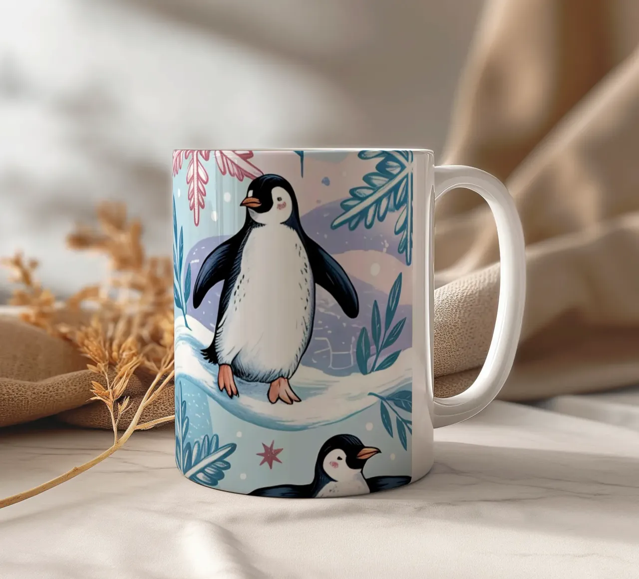 Simpatici pinguini e fiocchi di neve in un ambiente invernale tazza in ceramica da kidz&family