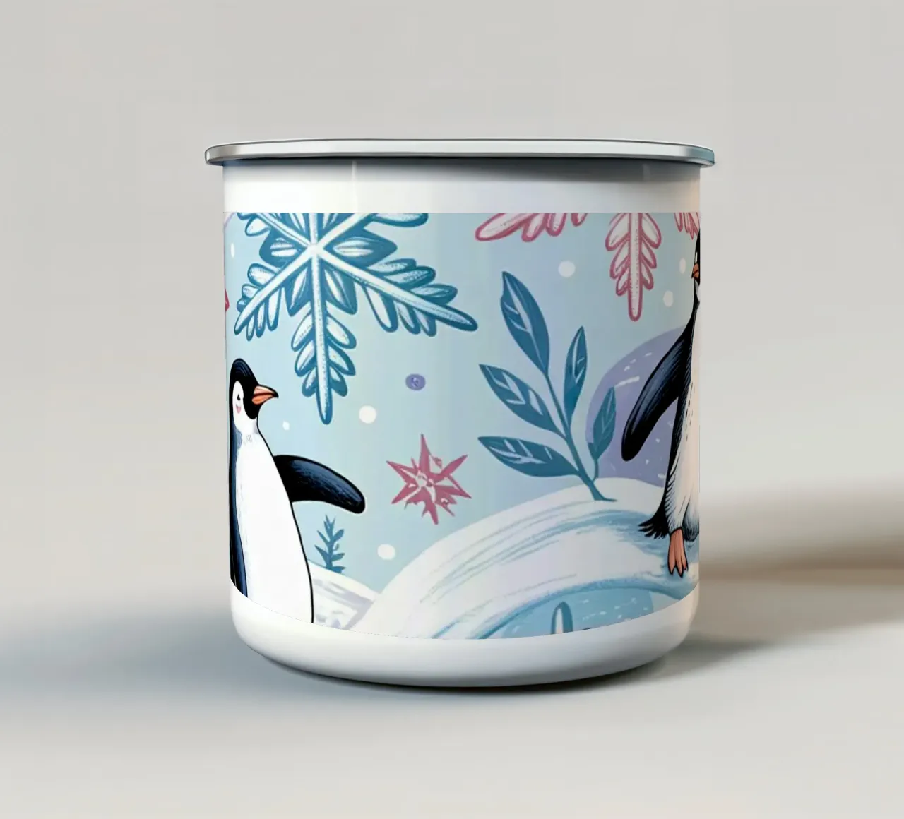 Simpatici pinguini e fiocchi di neve in un ambiente invernale tazza in smalto da kidz&family