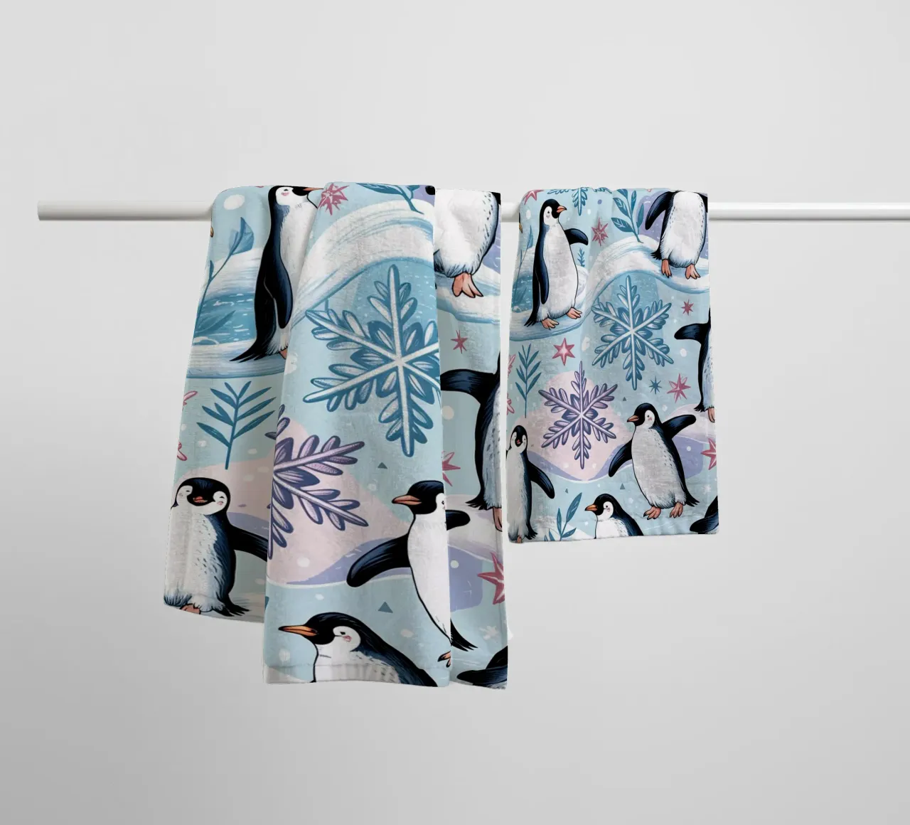 Simpatici pinguini e fiocchi di neve in un ambiente invernale asciugamano da bagno da kidz&family