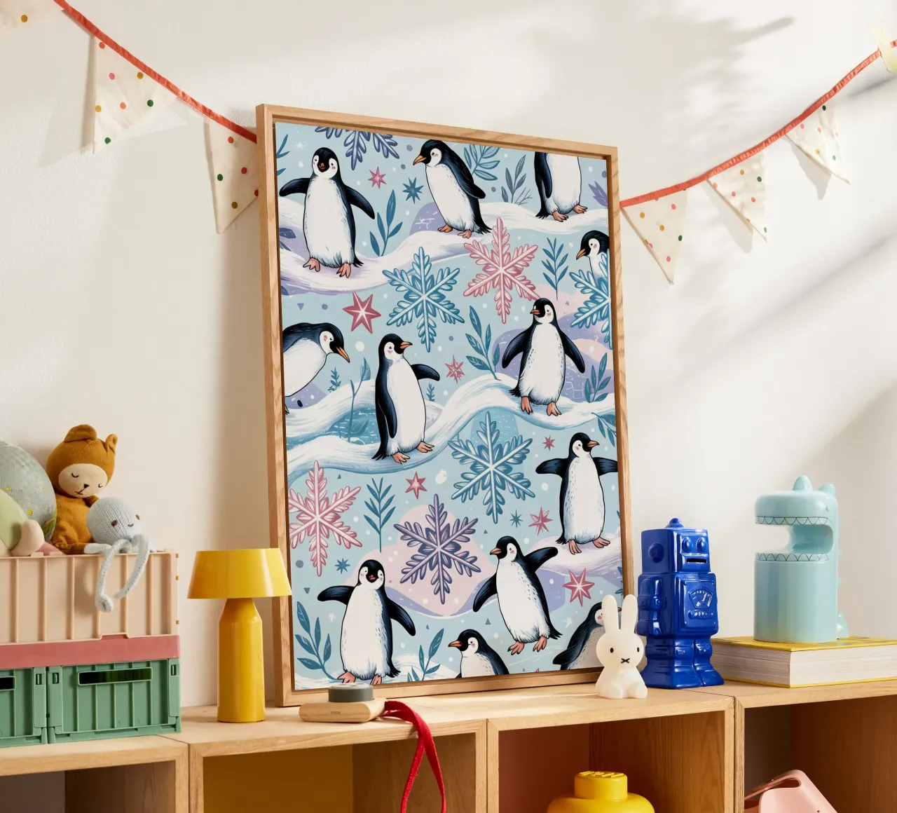 Simpatici pinguini e fiocchi di neve in un ambiente invernale plexiglass da kidz&family