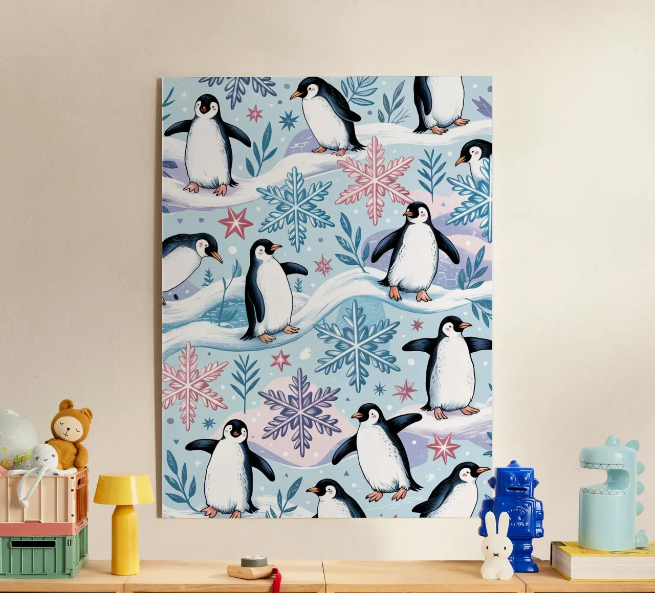Simpatici pinguini e fiocchi di neve in un ambiente invernale plexiglass da kidz&family