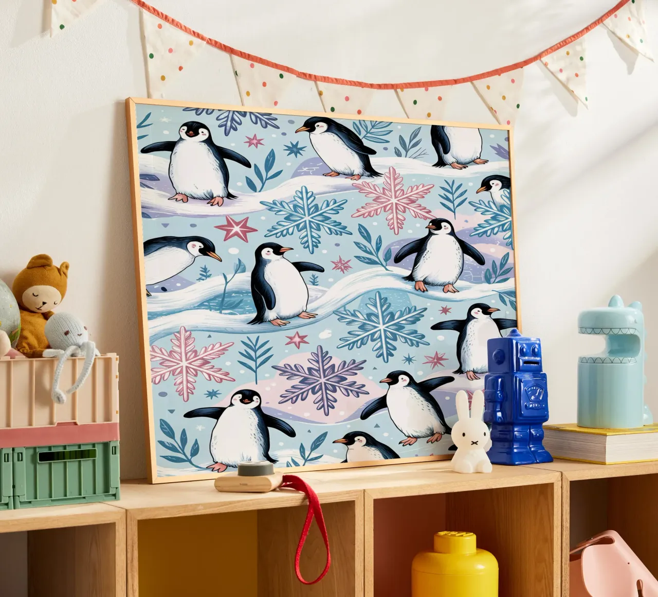 Simpatici pinguini e fiocchi di neve in un ambiente invernale carta hahnemühle da kidz&family