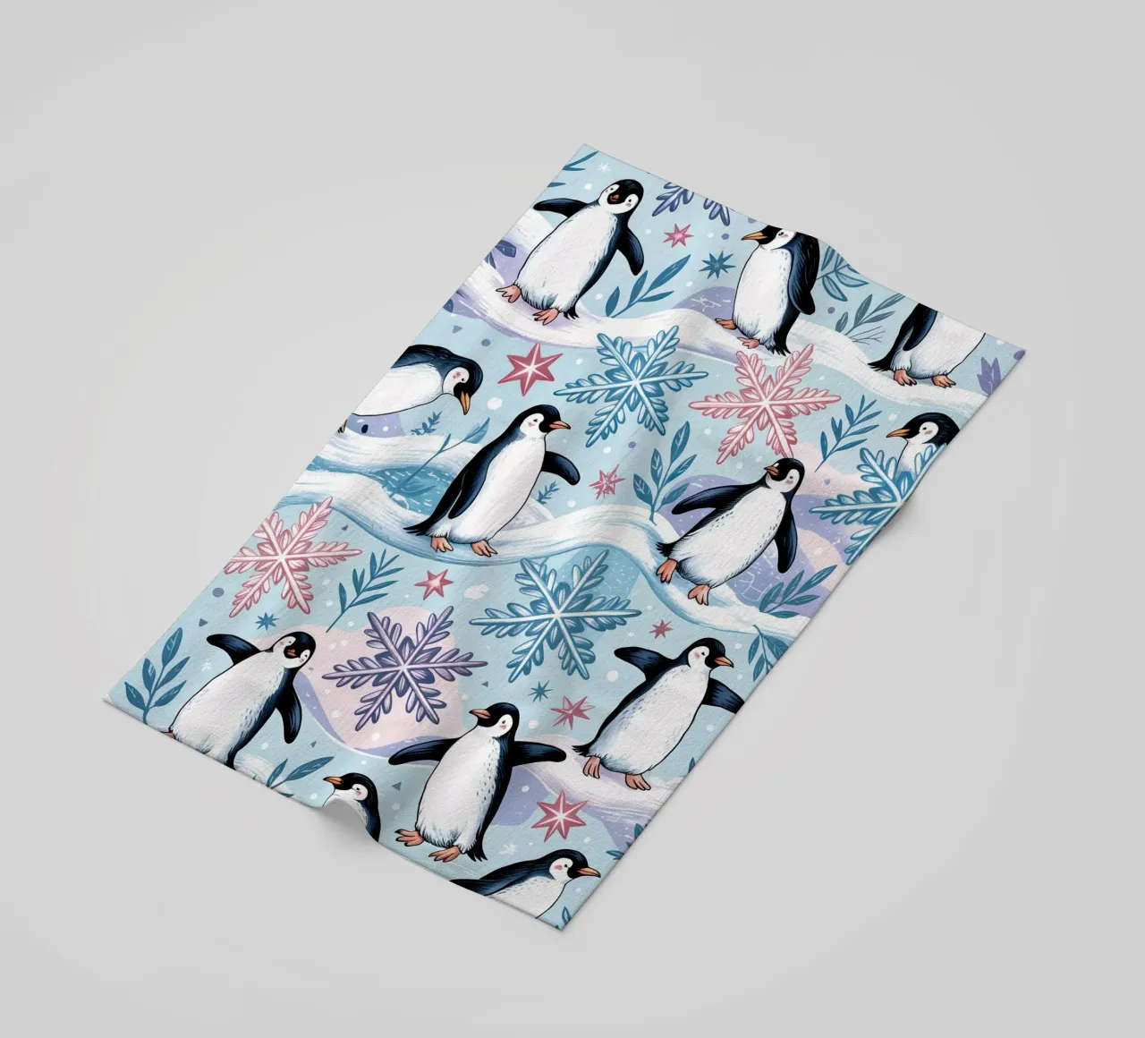 Simpatici pinguini e fiocchi di neve in un ambiente invernale telo mare da kidz&family