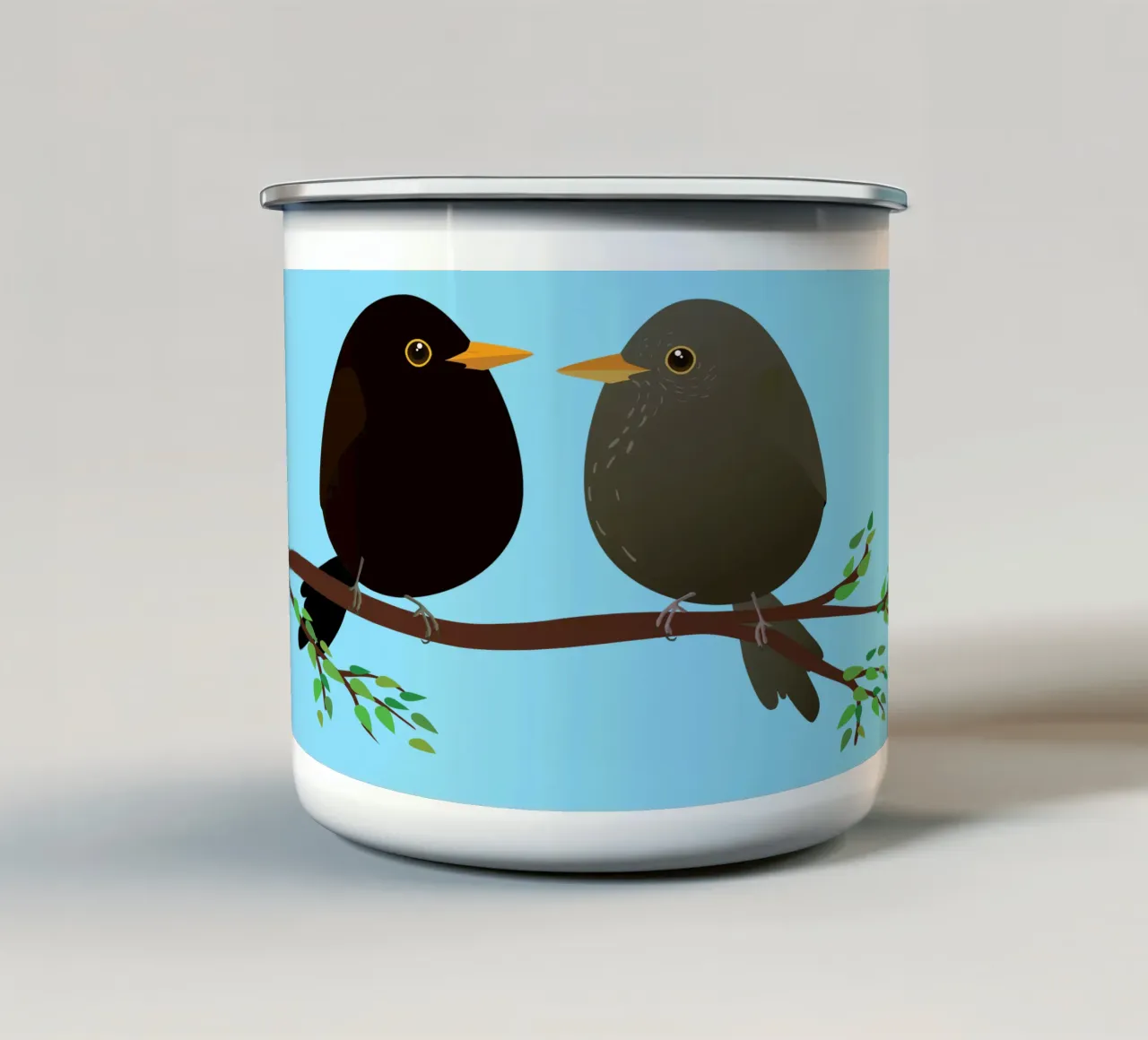 A couple of egg shaped blackbirds enamel mug by BwiseLizzy