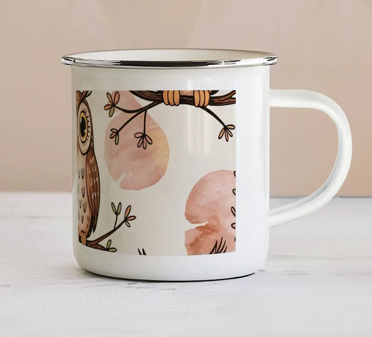 Simpatici gufi su rami e sfondo ad acquerello tazza in smalto da kidz&family