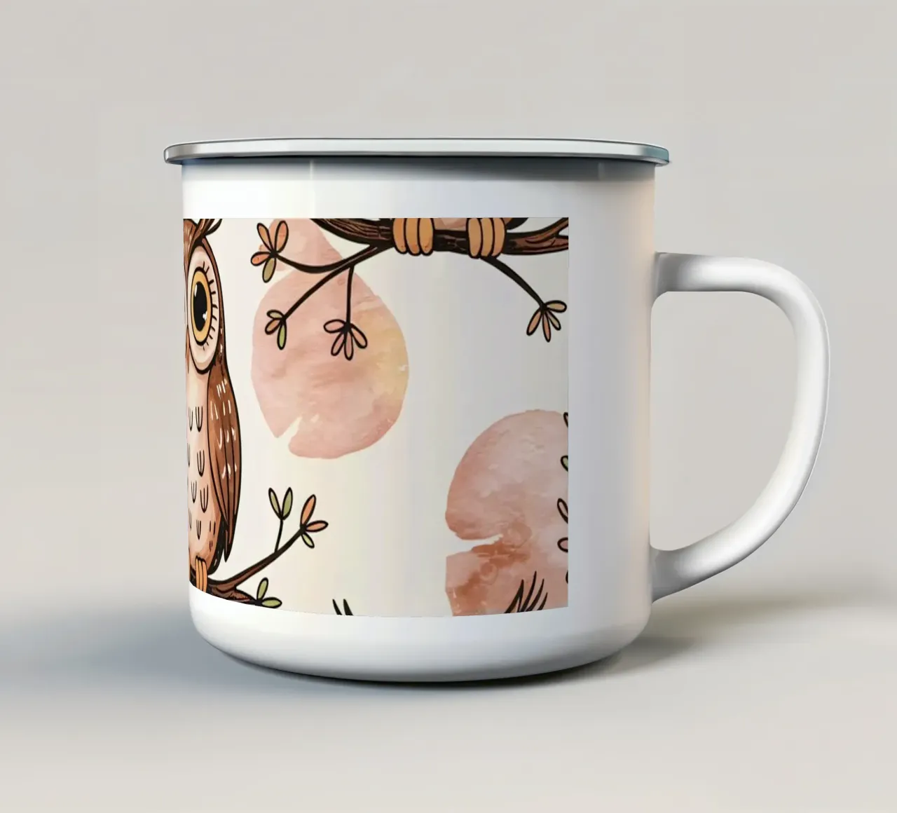 Simpatici gufi su rami e sfondo ad acquerello tazza in smalto da kidz&family