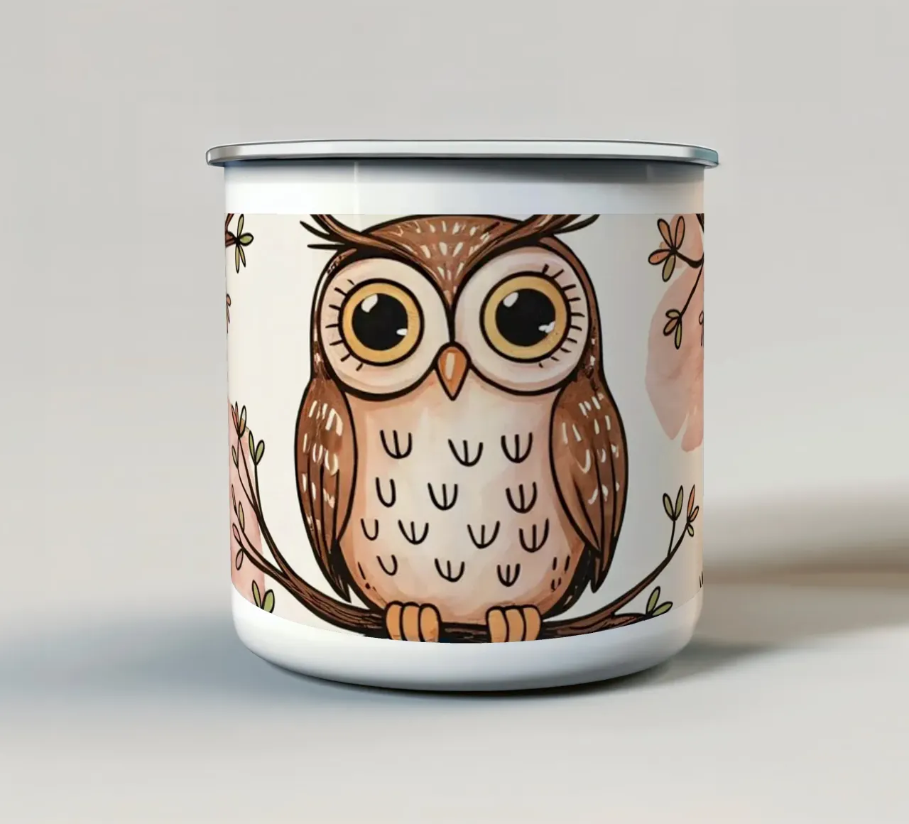 Simpatici gufi su rami e sfondo ad acquerello tazza in smalto da kidz&family