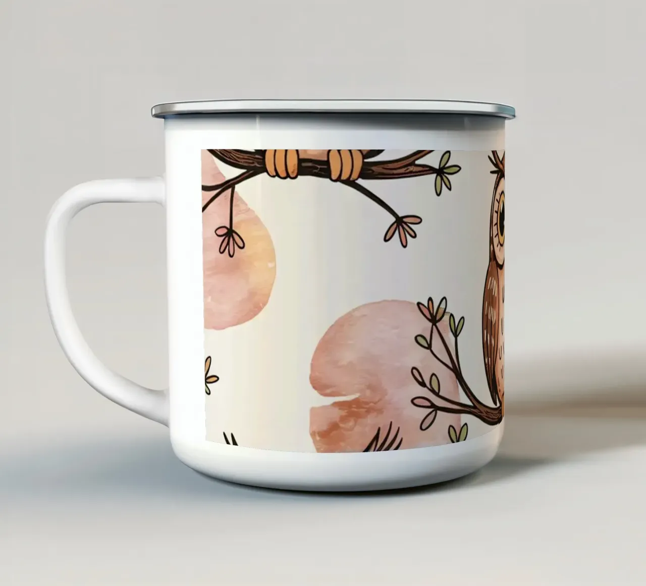 Simpatici gufi su rami e sfondo ad acquerello tazza in smalto da kidz&family