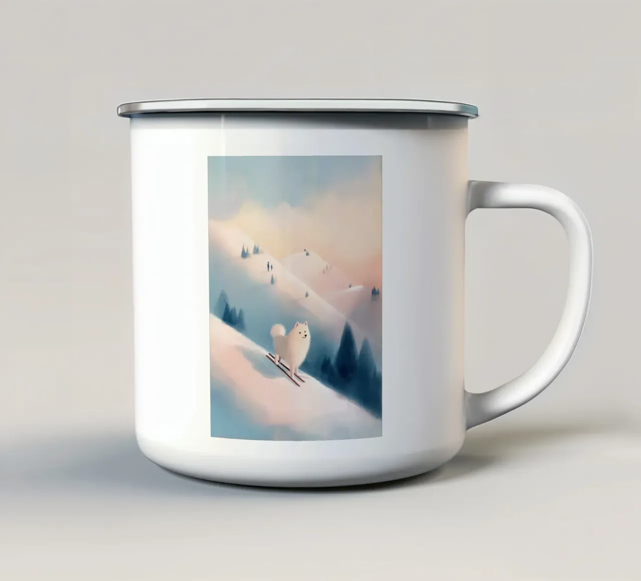 Un soffice cane bianco che scia su una montagna innevata all'alba tazza in smalto da Holiday Hearth Prints