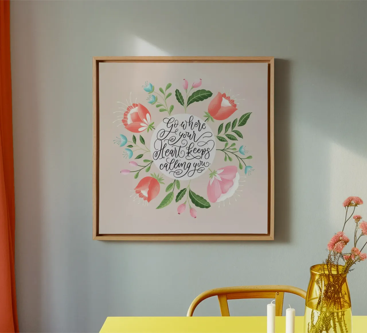 Quote. Follow the call of your heart. Modern calligraphy. canvas with Floater frame by CalliLetters