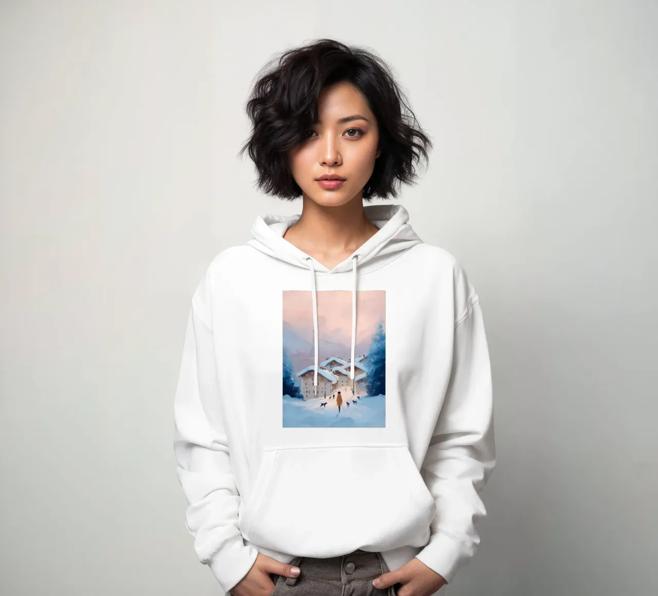 Tramonto invernale su villaggio innevato con sciatori e vista Eiffel felpa con cappuccio da Holiday Hearth Prints