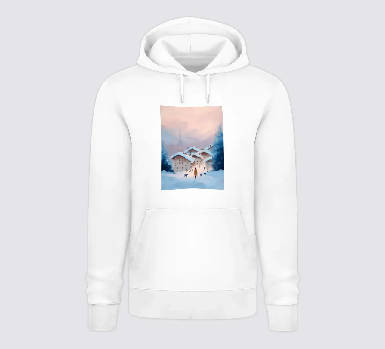 Tramonto invernale su villaggio innevato con sciatori e vista Eiffel felpa con cappuccio da Holiday Hearth Prints