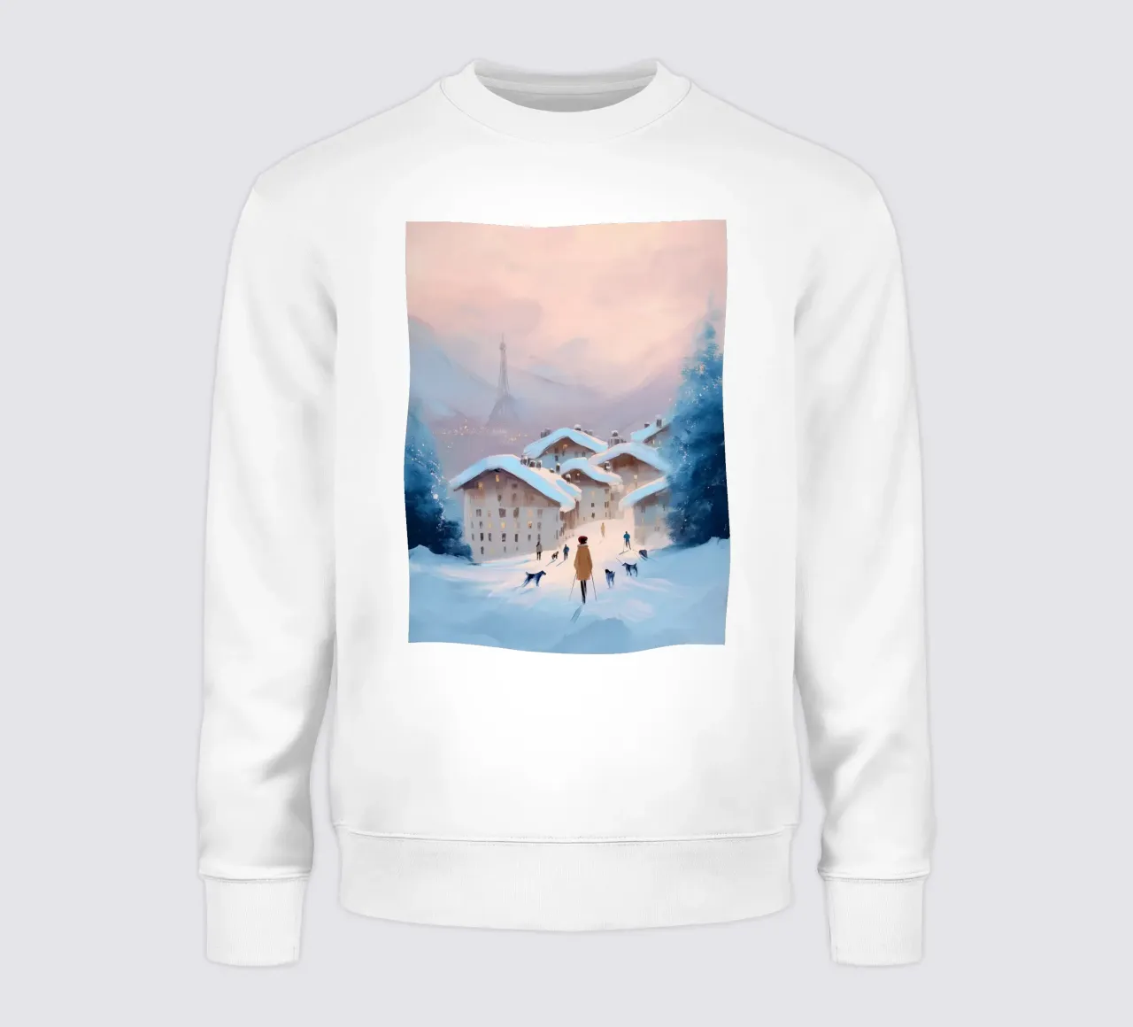 Tramonto invernale su villaggio innevato con sciatori e vista Eiffel felpa da Holiday Hearth Prints