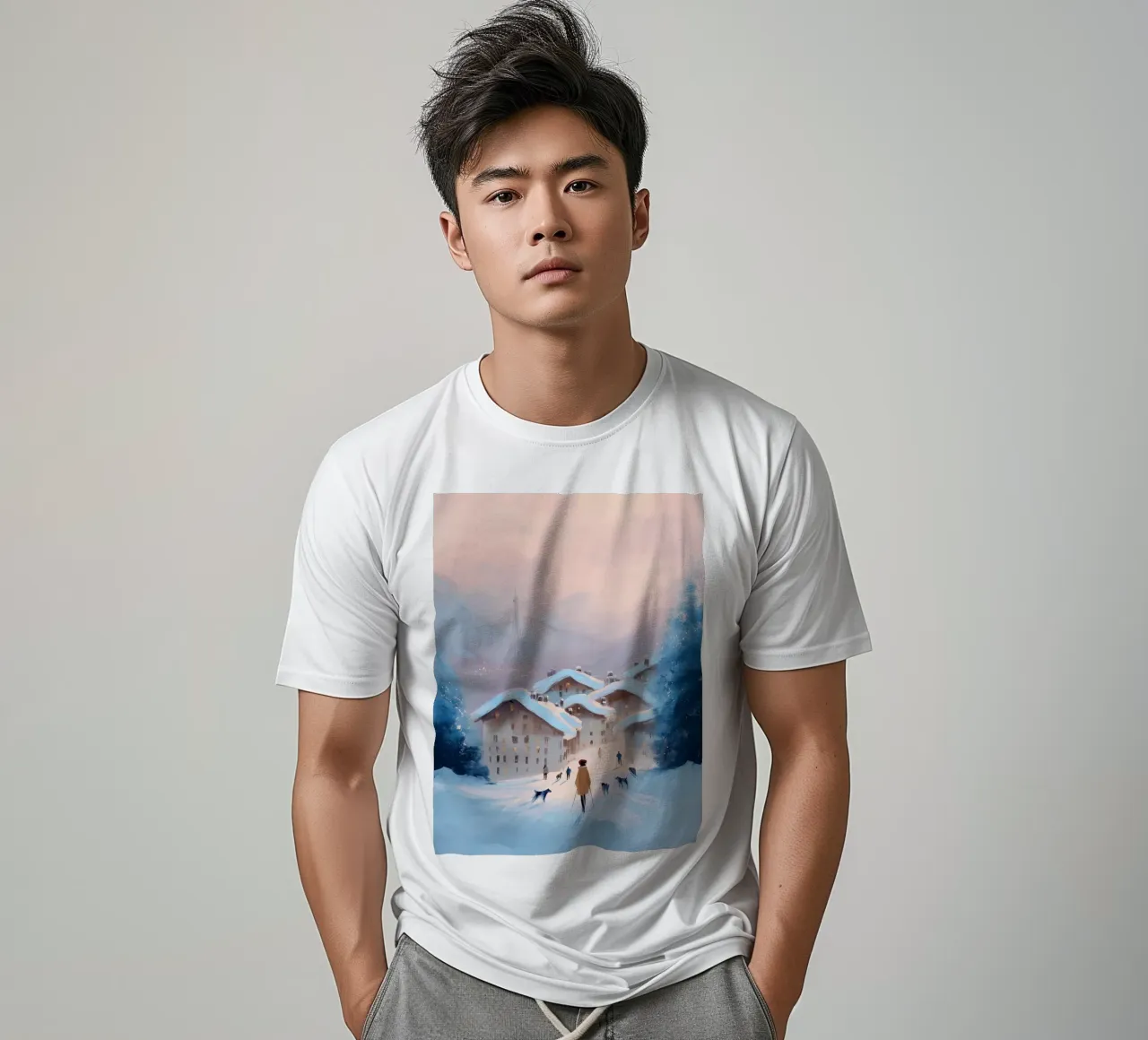 Tramonto invernale su villaggio innevato con sciatori e vista Eiffel t-shirt da Holiday Hearth Prints