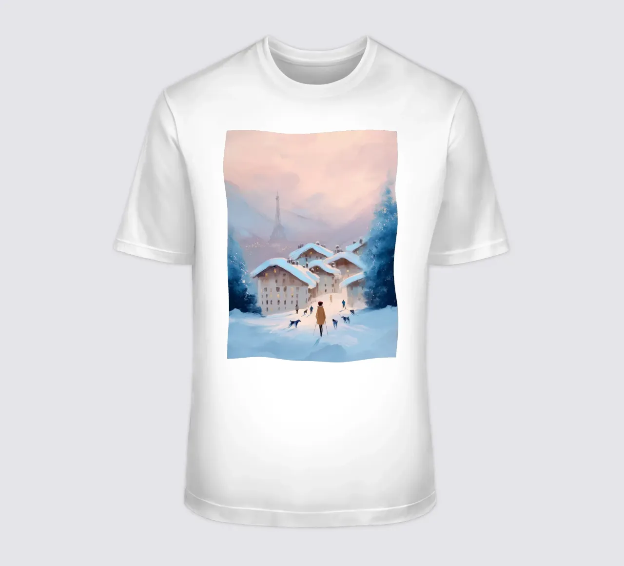 Tramonto invernale su villaggio innevato con sciatori e vista Eiffel t-shirt da Holiday Hearth Prints