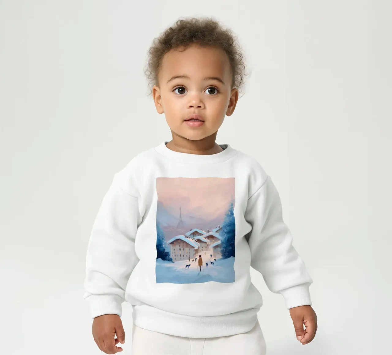 Tramonto invernale su villaggio innevato con sciatori e vista Eiffel felpa neonato da Holiday Hearth Prints