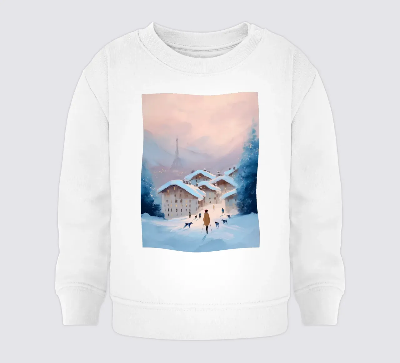Tramonto invernale su villaggio innevato con sciatori e vista Eiffel felpa neonato da Holiday Hearth Prints