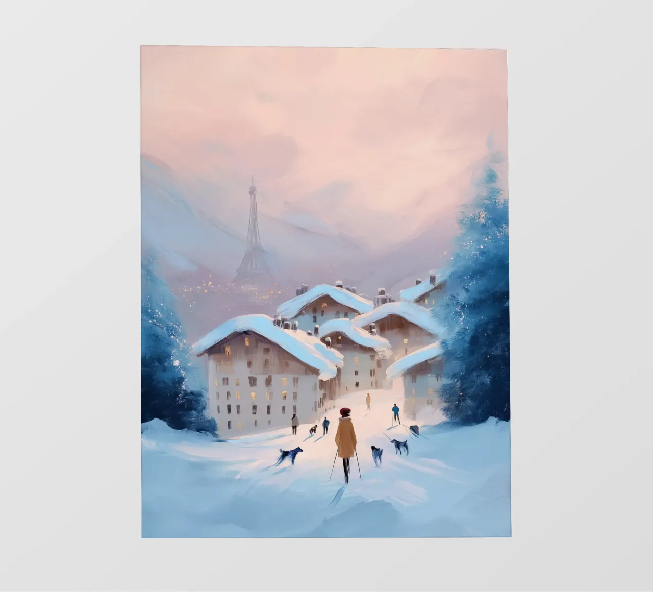 Tramonto invernale su villaggio innevato con sciatori e vista Eiffel pellicola backlit da Holiday Hearth Prints