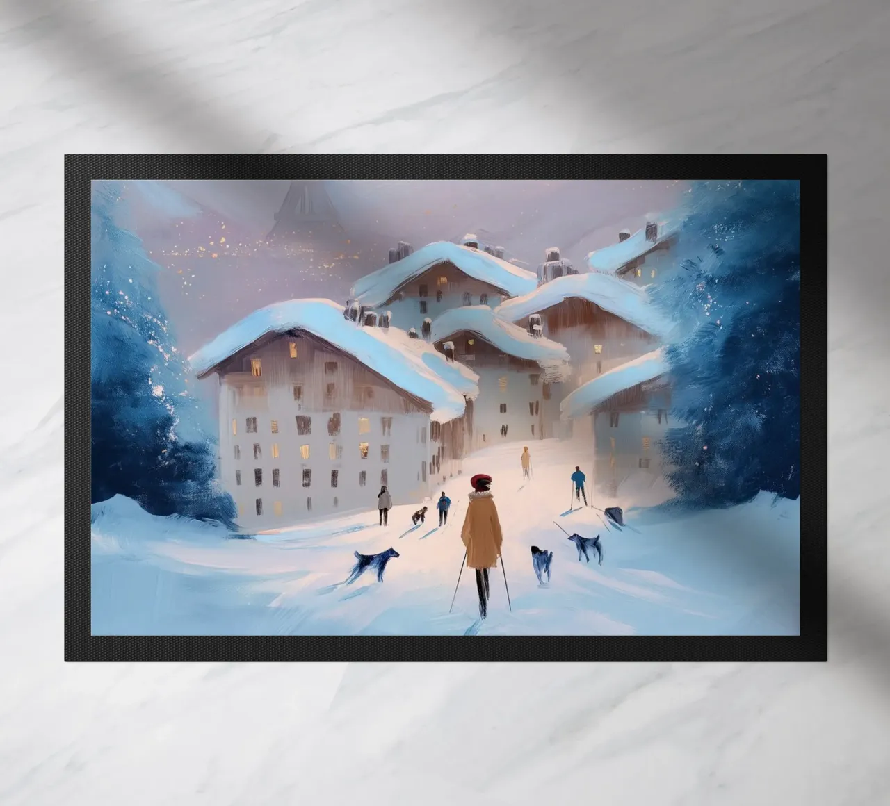 Tramonto invernale su villaggio innevato con sciatori e vista Eiffel zerbino da Holiday Hearth Prints