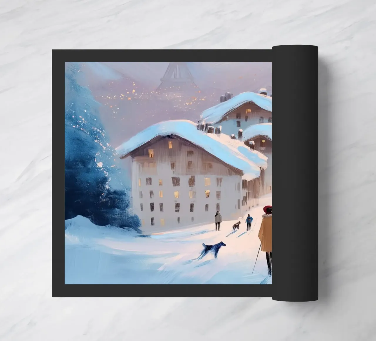 Tramonto invernale su villaggio innevato con sciatori e vista Eiffel zerbino da Holiday Hearth Prints
