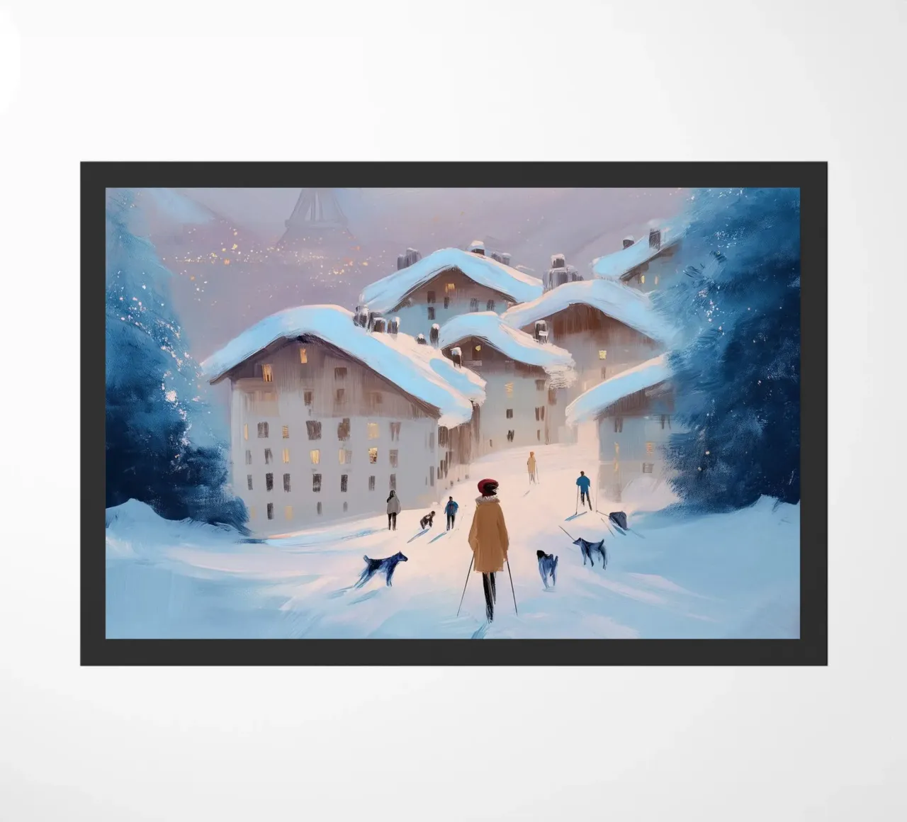 Tramonto invernale su villaggio innevato con sciatori e vista Eiffel zerbino da Holiday Hearth Prints