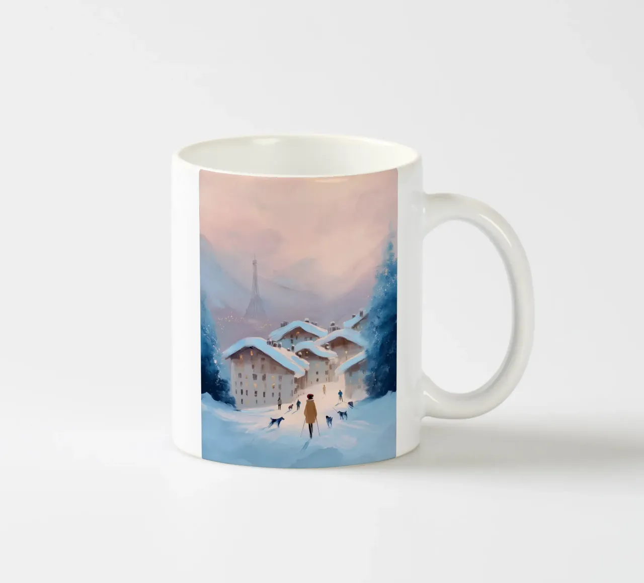 Tramonto invernale su villaggio innevato con sciatori e vista Eiffel tazza in ceramica da Holiday Hearth Prints