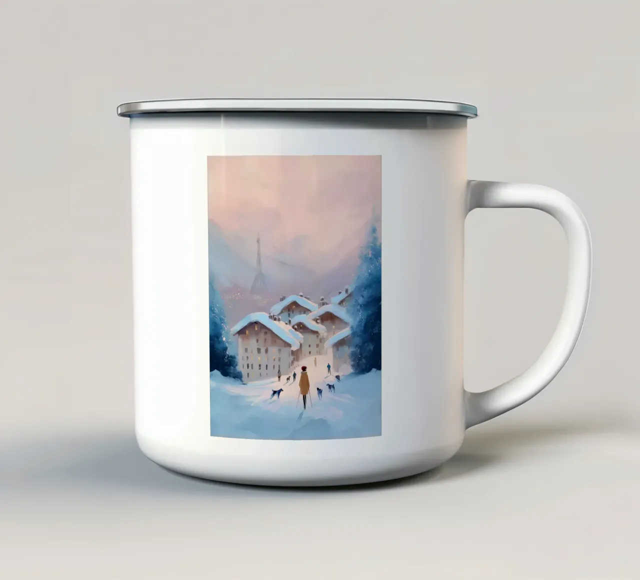 Tramonto invernale su villaggio innevato con sciatori e vista Eiffel tazza in smalto da Holiday Hearth Prints