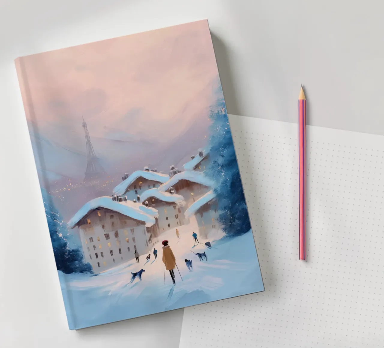 Winter Sunset Over Snowy Village With Skiers and Eiffel View notebook by Holiday Hearth Prints