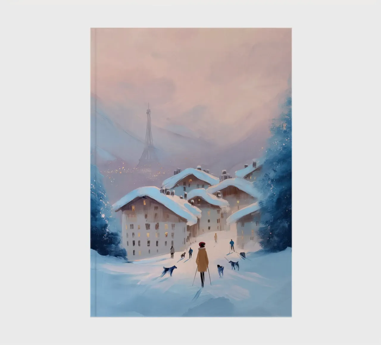 Winter Sunset Over Snowy Village With Skiers and Eiffel View notebook by Holiday Hearth Prints
