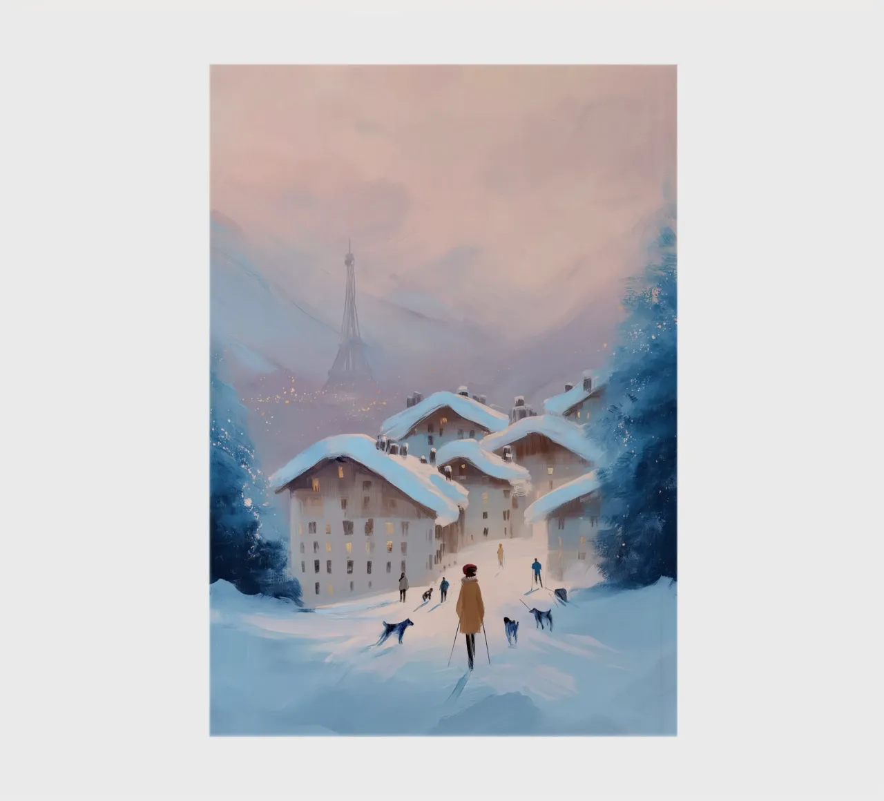 Winter Sunset Over Snowy Village With Skiers and Eiffel View notebook by Holiday Hearth Prints