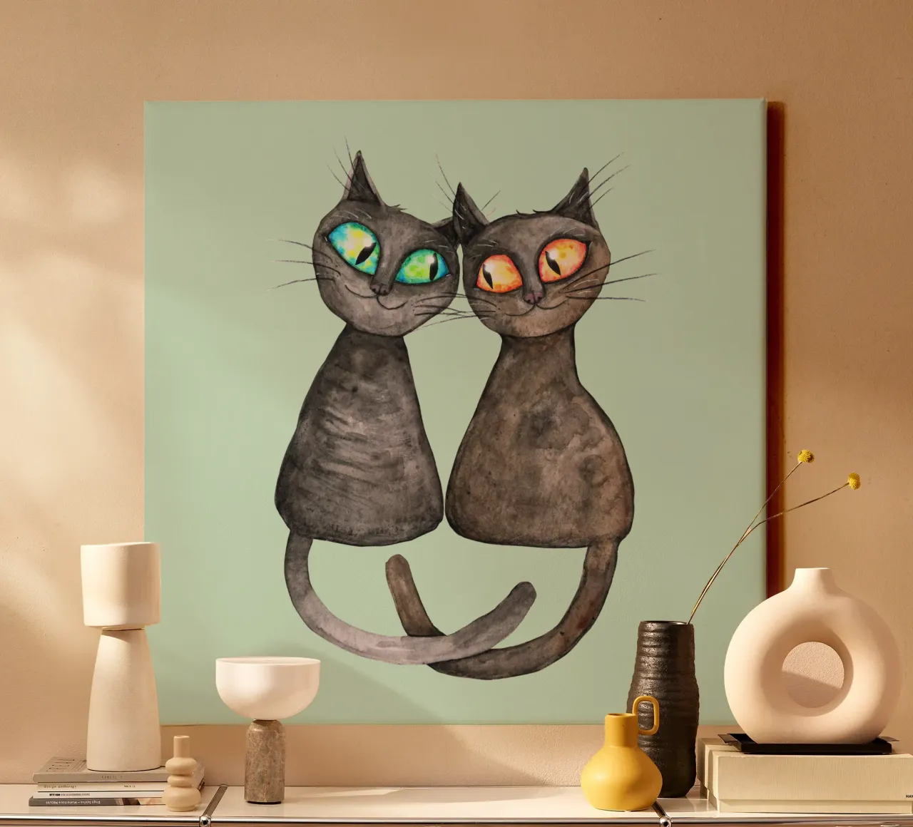 Twee schattige, liefdevolle katten canvas met Baklijst van BwiseLizzy