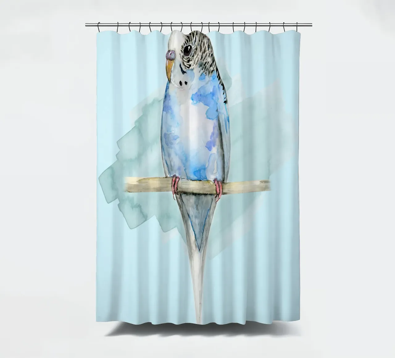 Blue spotted budgie watercolor shower curtain by BwiseLizzy