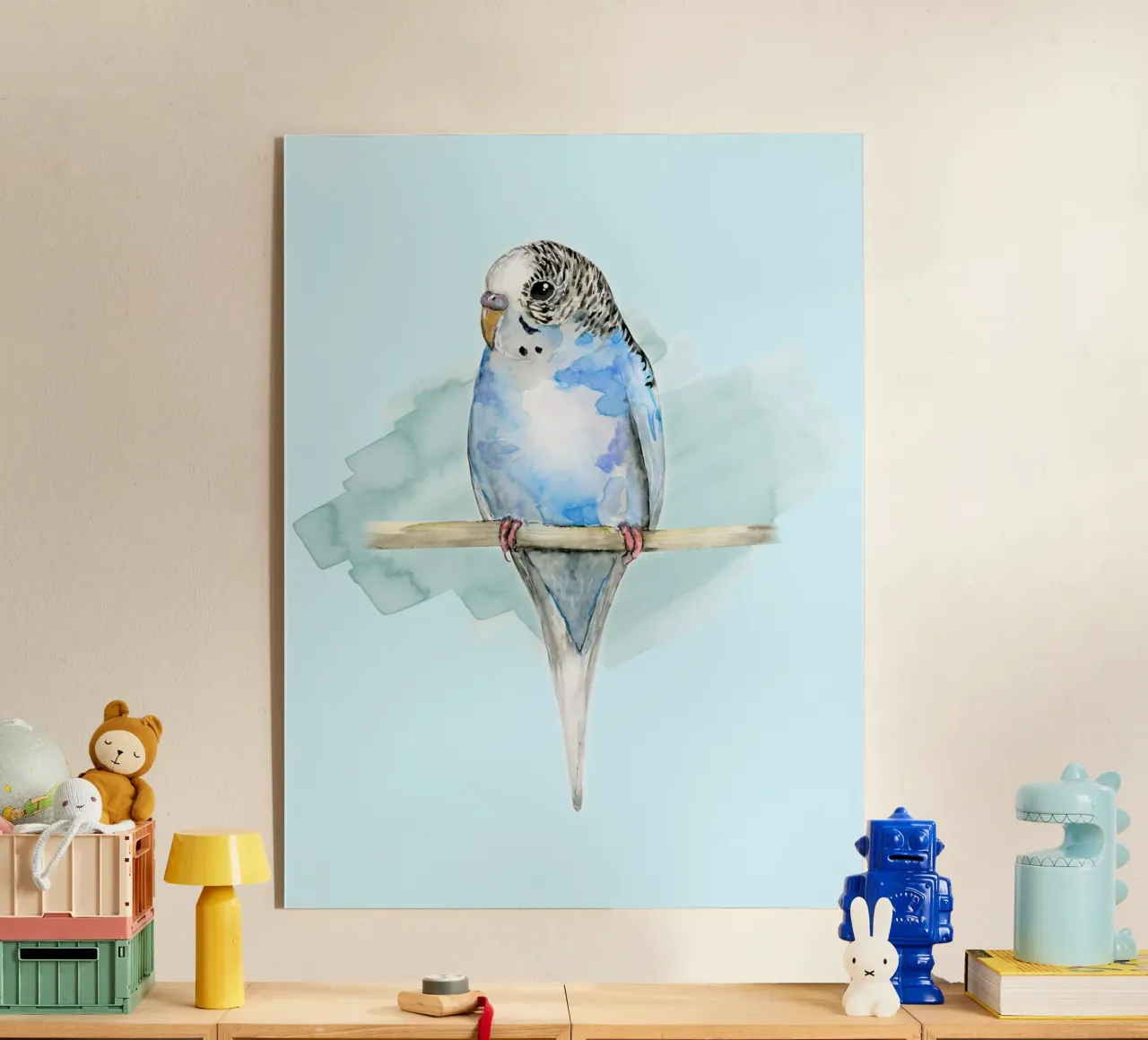 Blue spotted budgie watercolor acrylic glass by BwiseLizzy