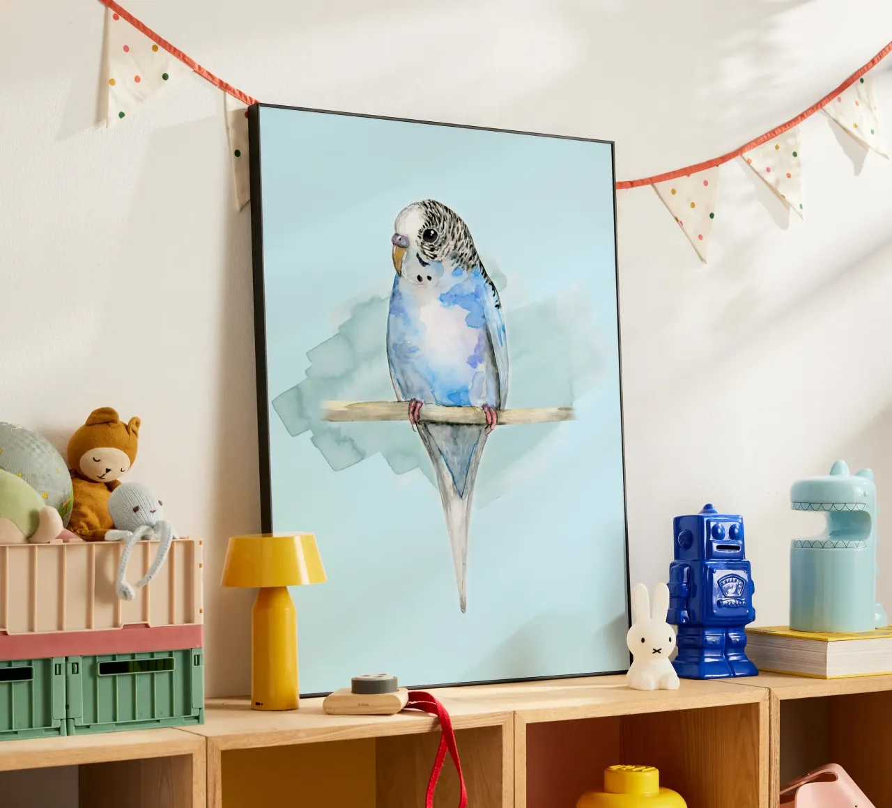 Blue spotted budgie watercolor forex plate by BwiseLizzy