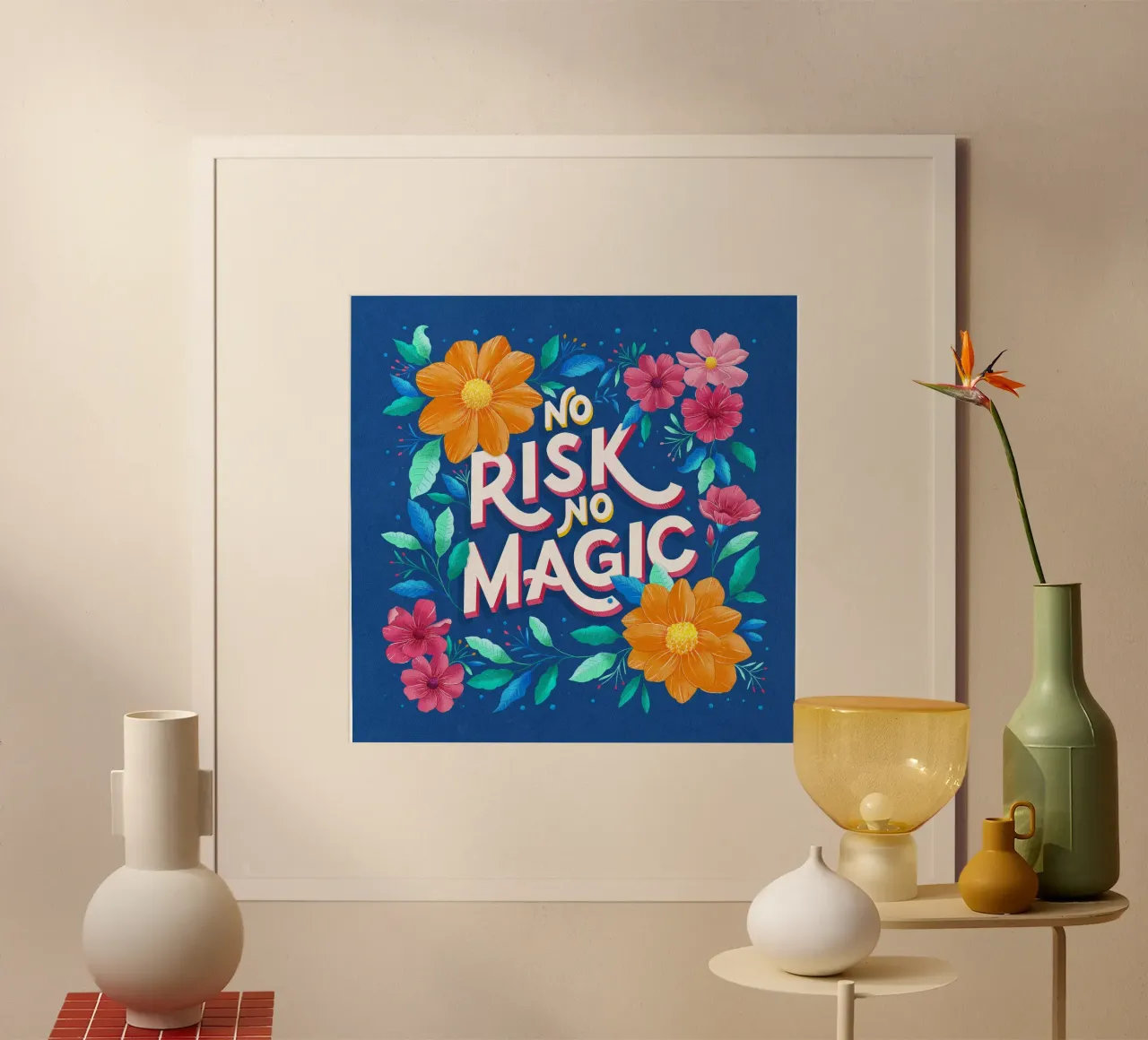 Citazione. Nessun rischio. Nessuna magia. Scrittura a mano e fiori. poster con telaio in alluminio da CalliLetters