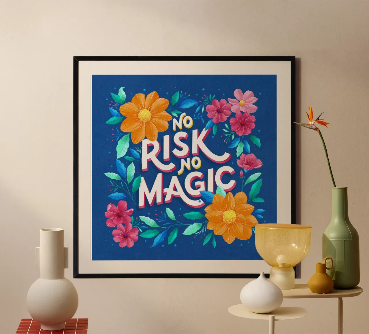 Citazione. Nessun rischio. Nessuna magia. Scrittura a mano e fiori. poster con telaio in alluminio da CalliLetters