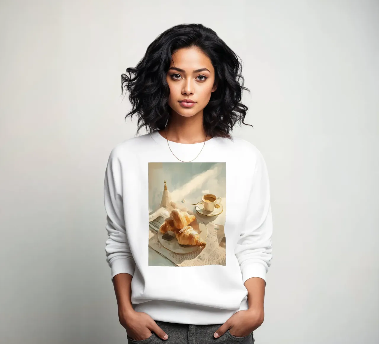 Luce soffusa d'inverno su croissant e caffè nel caffè di Parigi felpa da Holiday Hearth Prints