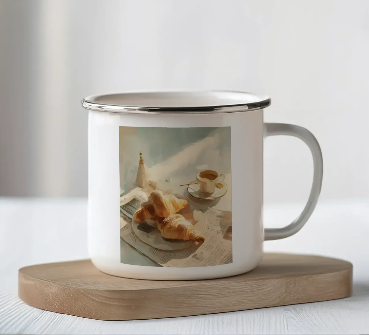 Luce soffusa d'inverno su croissant e caffè nel caffè di Parigi tazza in smalto da Holiday Hearth Prints